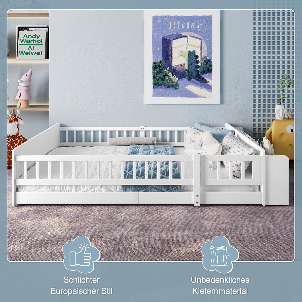 Wooden Children's Bed 140x200cm Open Storage Shelves Pine Wood - White