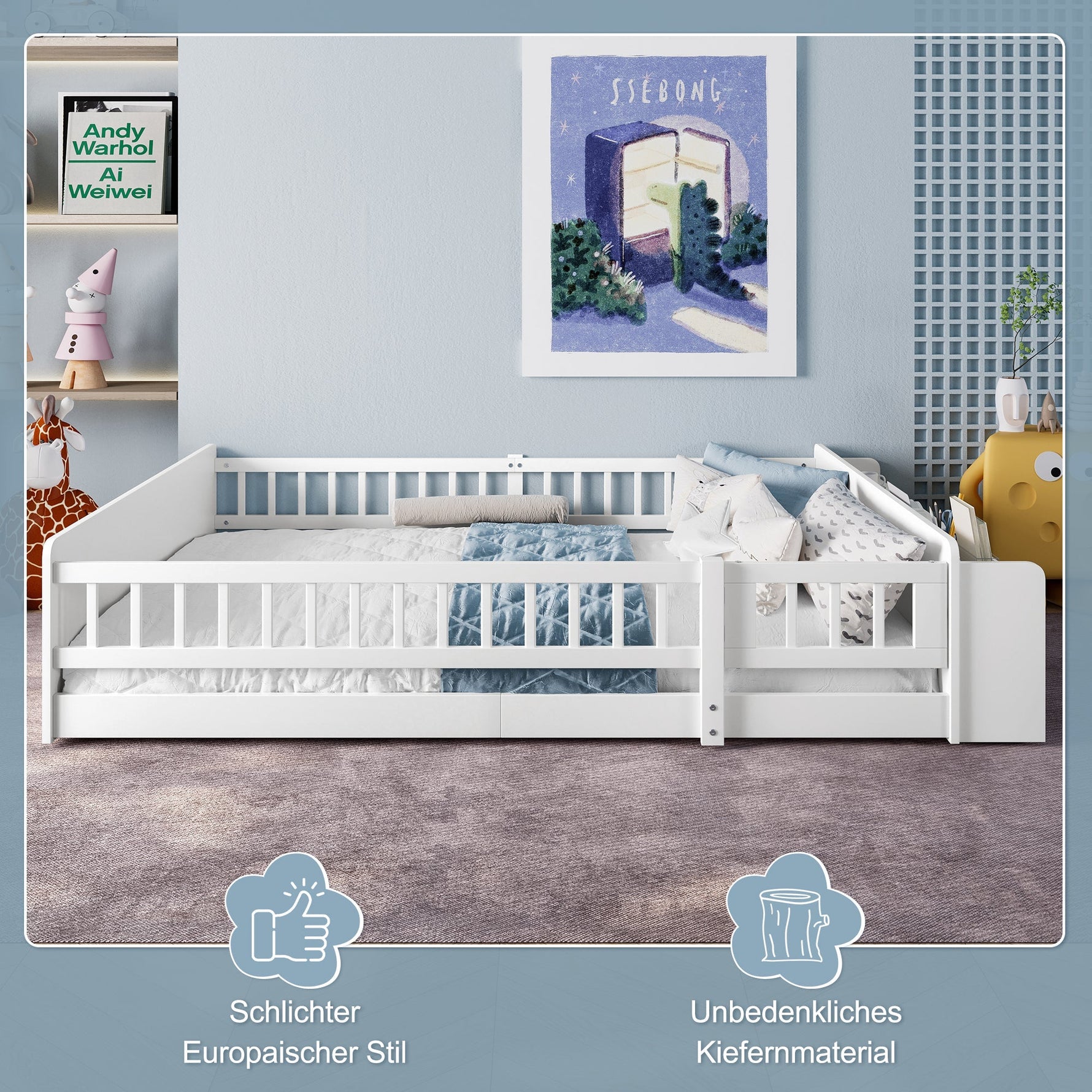 Children's Wooden Bed 140x190cm Open Storage Shelves Opening Case - Pine White