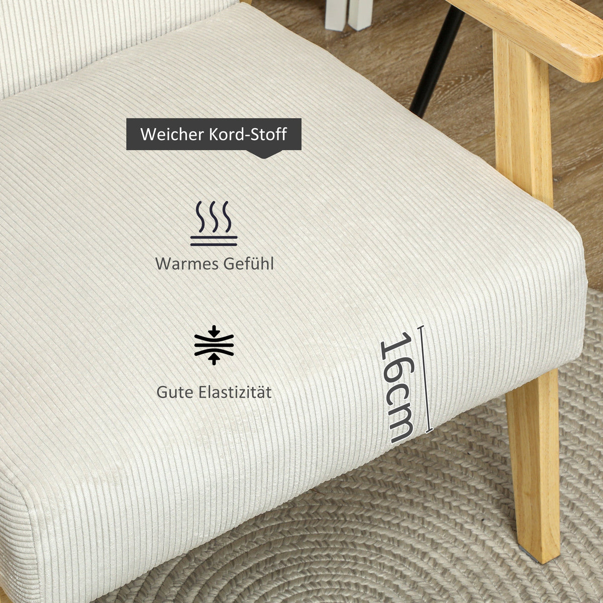 Armchair Lounge Chair, Wooden Legs, Upholstered, Cream White