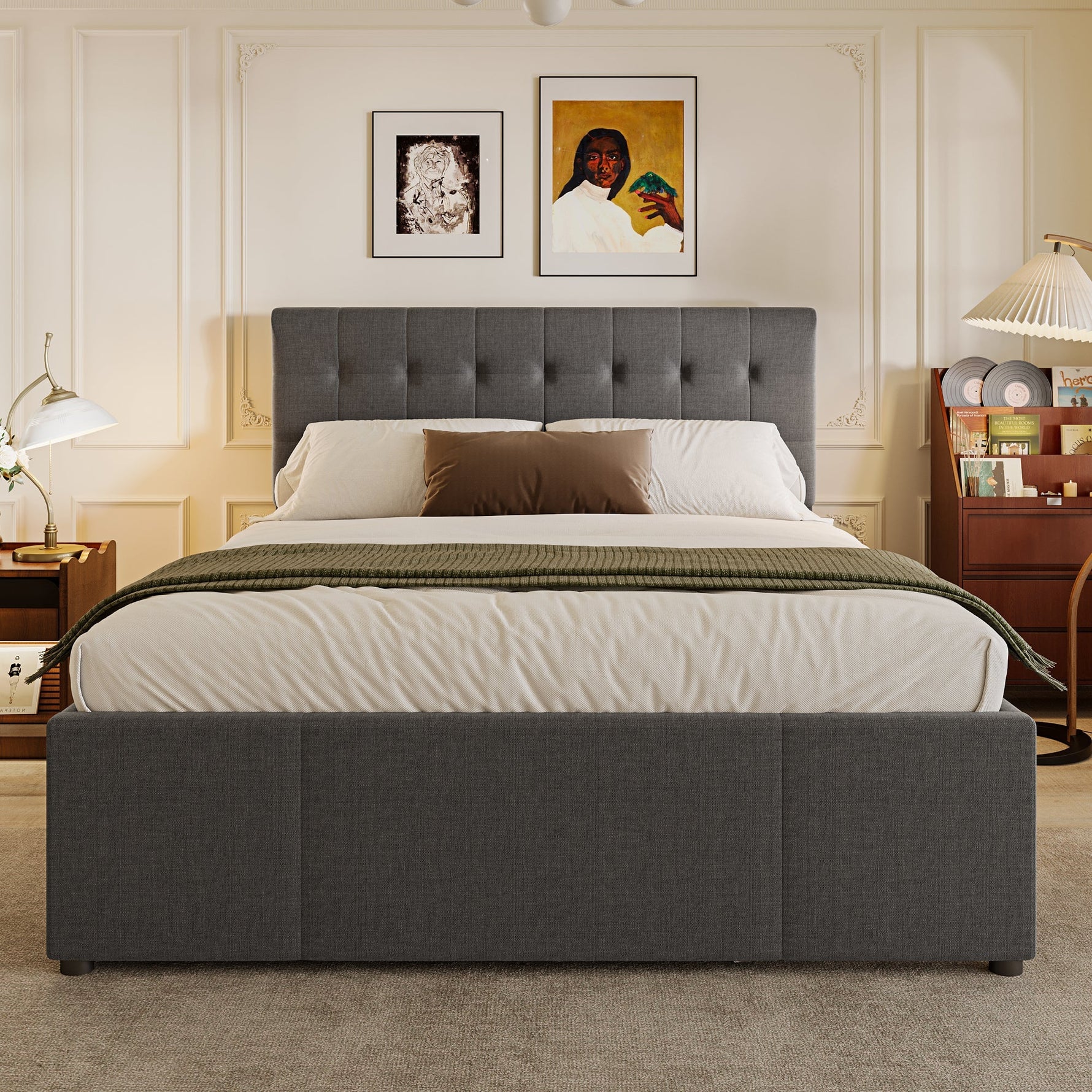 Upholstered Double Bed with 3 Drawers and Extendable Bed, 140x200cm, Grey