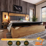 Upholstered Bed 160x200 with Reading Lamp, USB C, Storage Bench - Metal, Wood, Linen, Oak