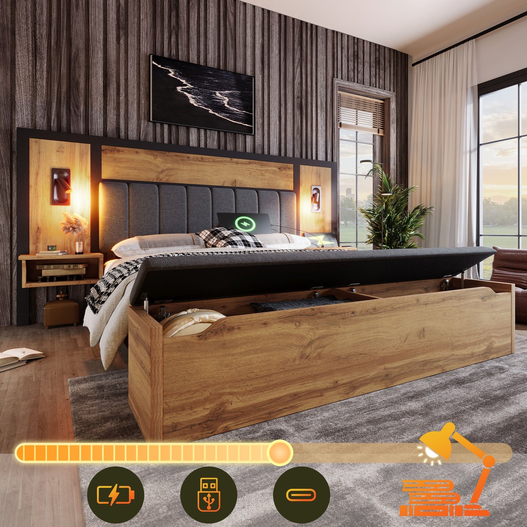 Upholstered Bed 160x200 with Reading Lamp, USB C, Storage Bench - Metal, Wood, Linen, Oak