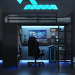 Loft Bed 160x200 Gaming Desk LED Storage Wardrobe - Black Metal