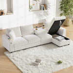Chenille L-Shape Sofa Reversible Storage Armrests Fold-Out Table USB/Type-C - Beige