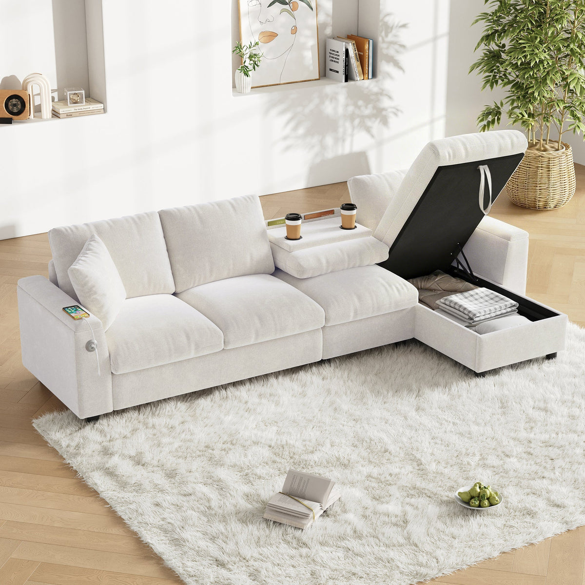 Chenille L-Shape Sofa Reversible Storage Armrests Fold-Out Table USB/Type-C - Beige