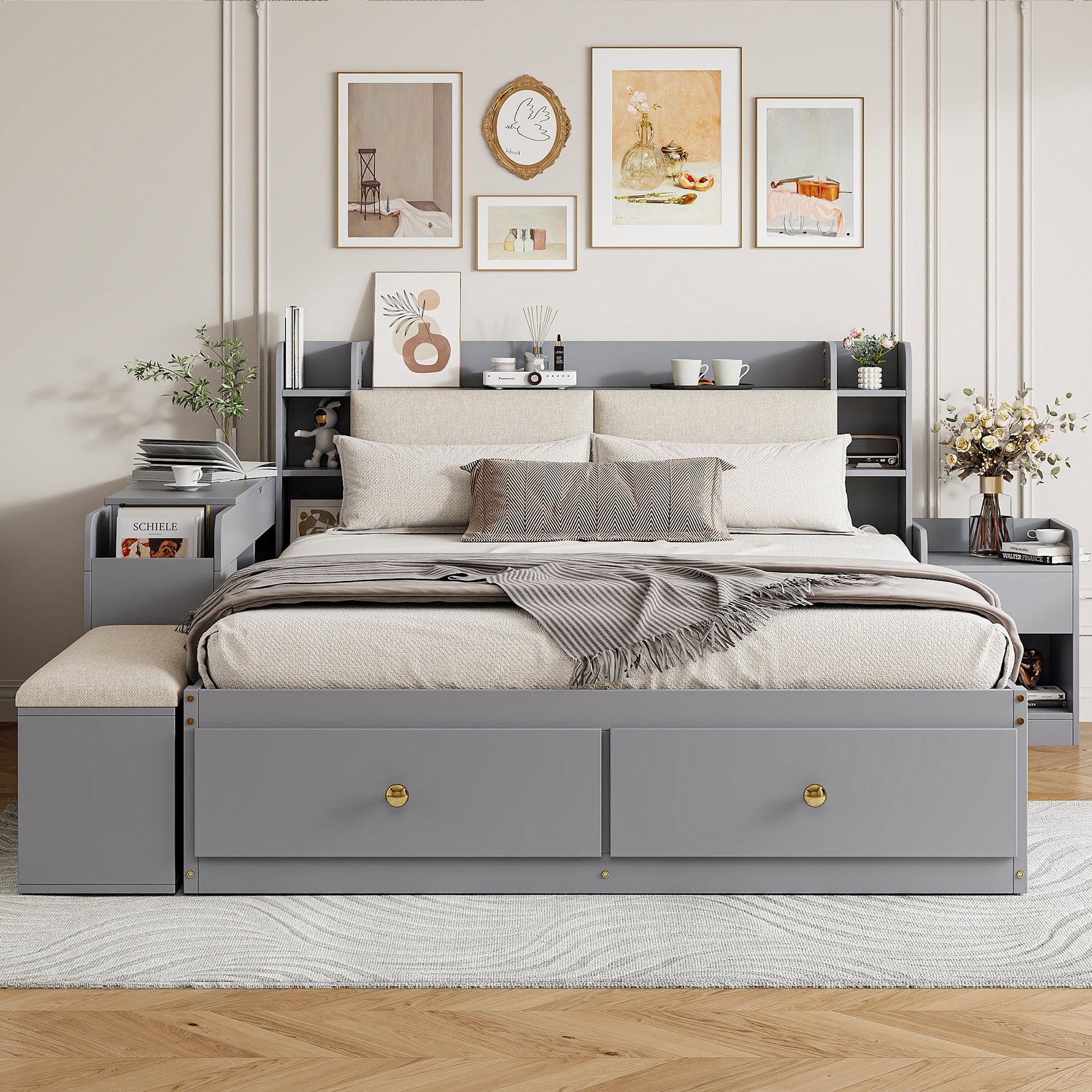 Solid wood combination bed 140*200cm, Storage Headboard, Drawers, Sofa Bench, grey