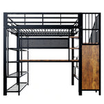 Iron Loft Bed 140x200cm with Desk, Pegboard & LED, Black