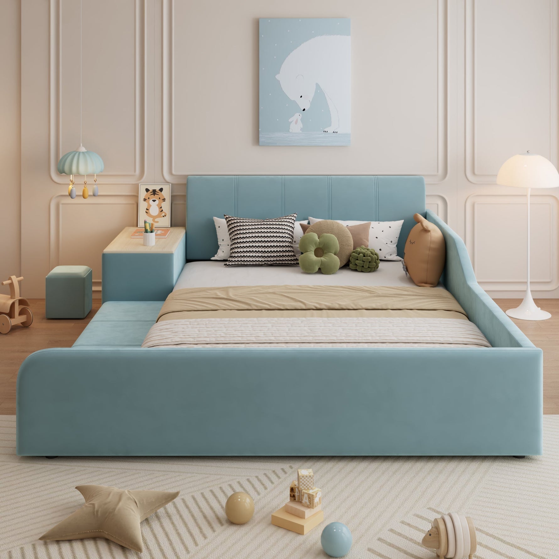 Upholstered Single Bed with Desk, Stool, Storage Shelf, Soft Headboard, 140x200cm, Velvet Blue