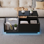 LED Coffee Table, Height-Adjustable with Hidden Storage and Shelf, High-Gloss