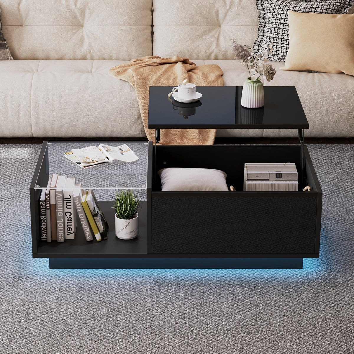 LED Coffee Table, Height-Adjustable with Hidden Storage and Shelf, High-Gloss