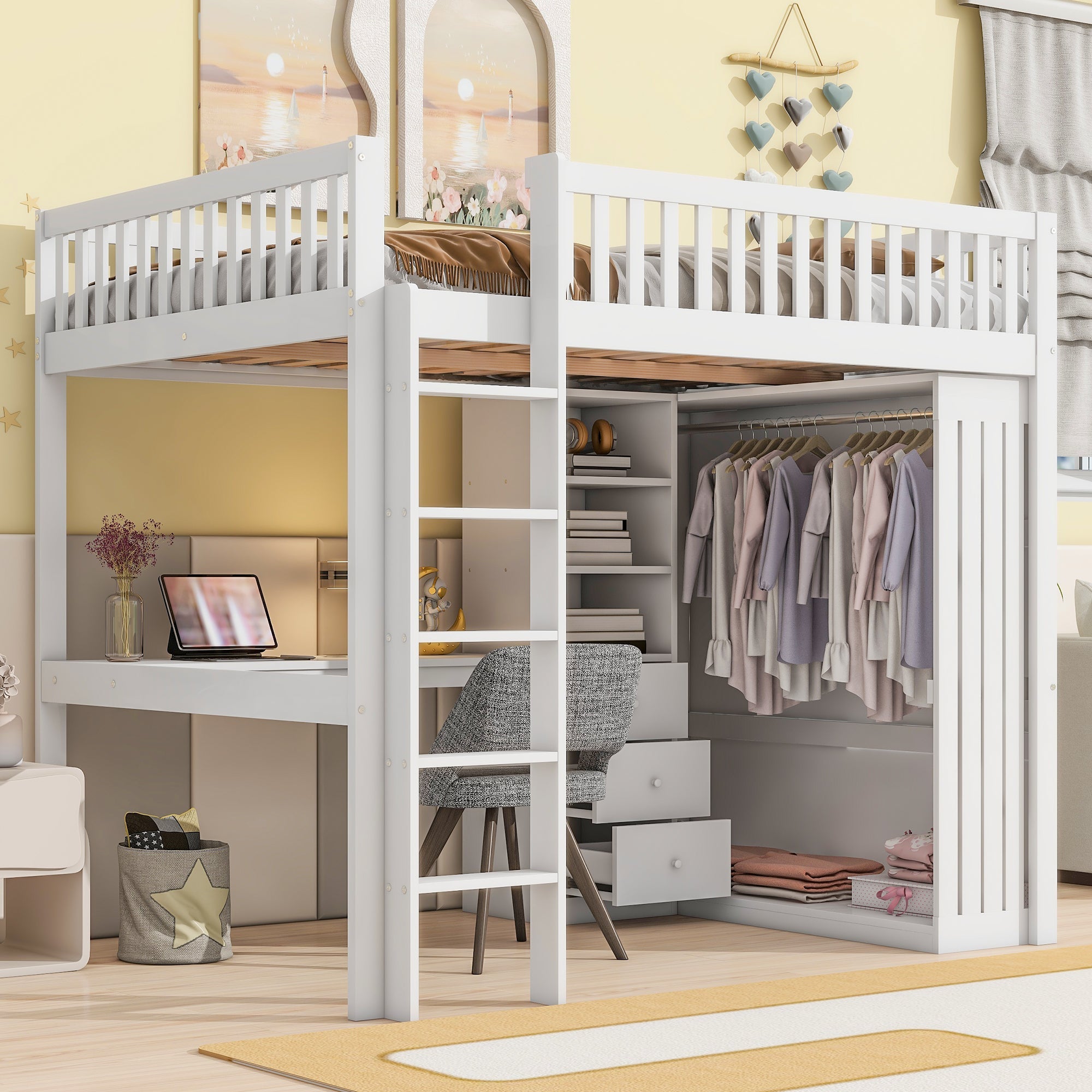 Loft Bed 140x200cm Desk Wardrobe 3 Drawers Storage Stairs - White