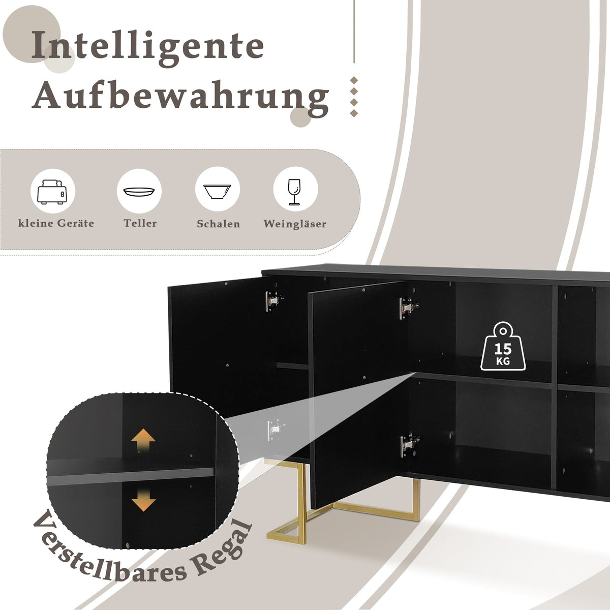 Sideboard, 3-Door with Adjustable Shelves & Metal Handles, Black