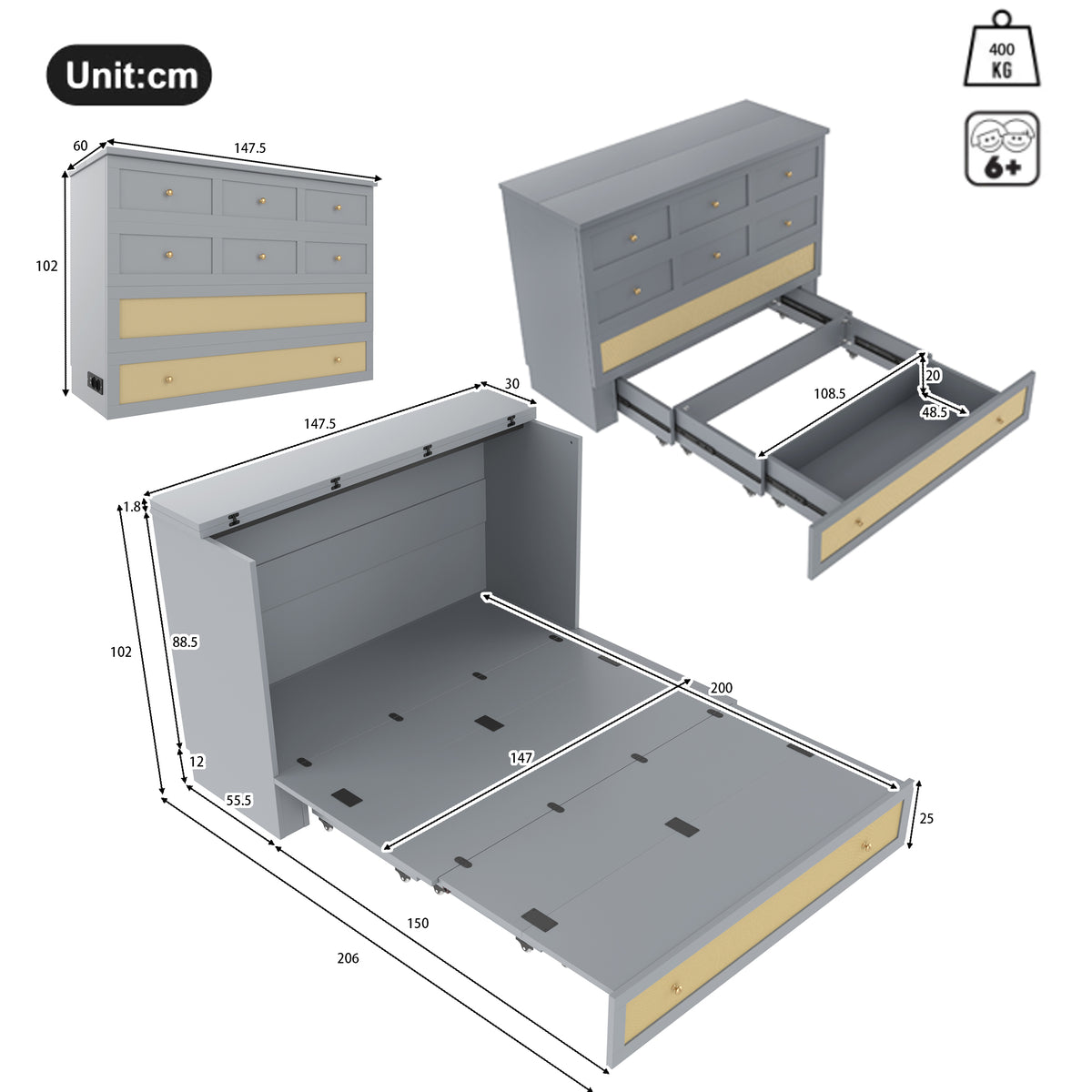 Mobile Wall Bed 140x200cm with Drawers & USB, Grey