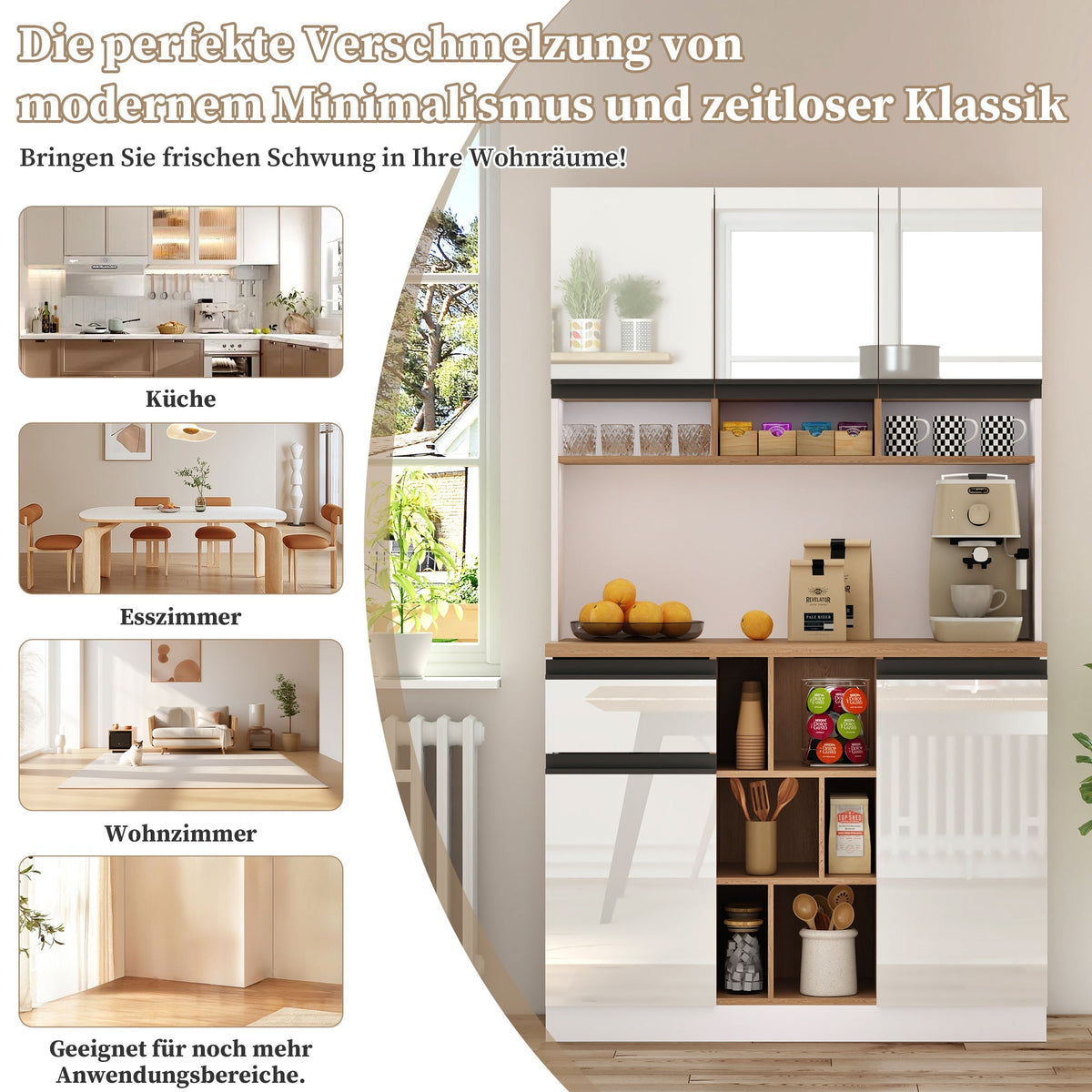 Modern Kitchen Cabinet with Drawers Adjustable Shelves Open Storage - White