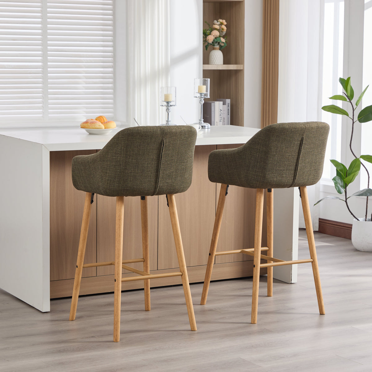 Modern European Bar Stools with High Backrest and Armrests, Set of 2, Beige Linen