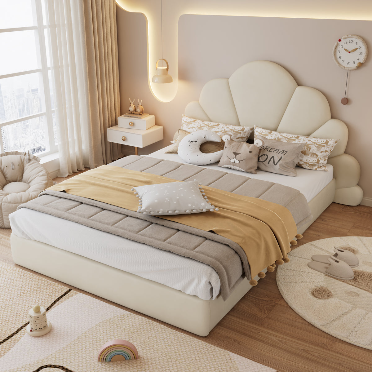 Upholstered Double Bed with Petal Headboard, 140x200cm, Beige Velvet