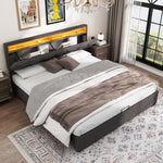 Upholstered Double Bed 180x200cm Hydraulic Storage LED Drawers - Linen Grey