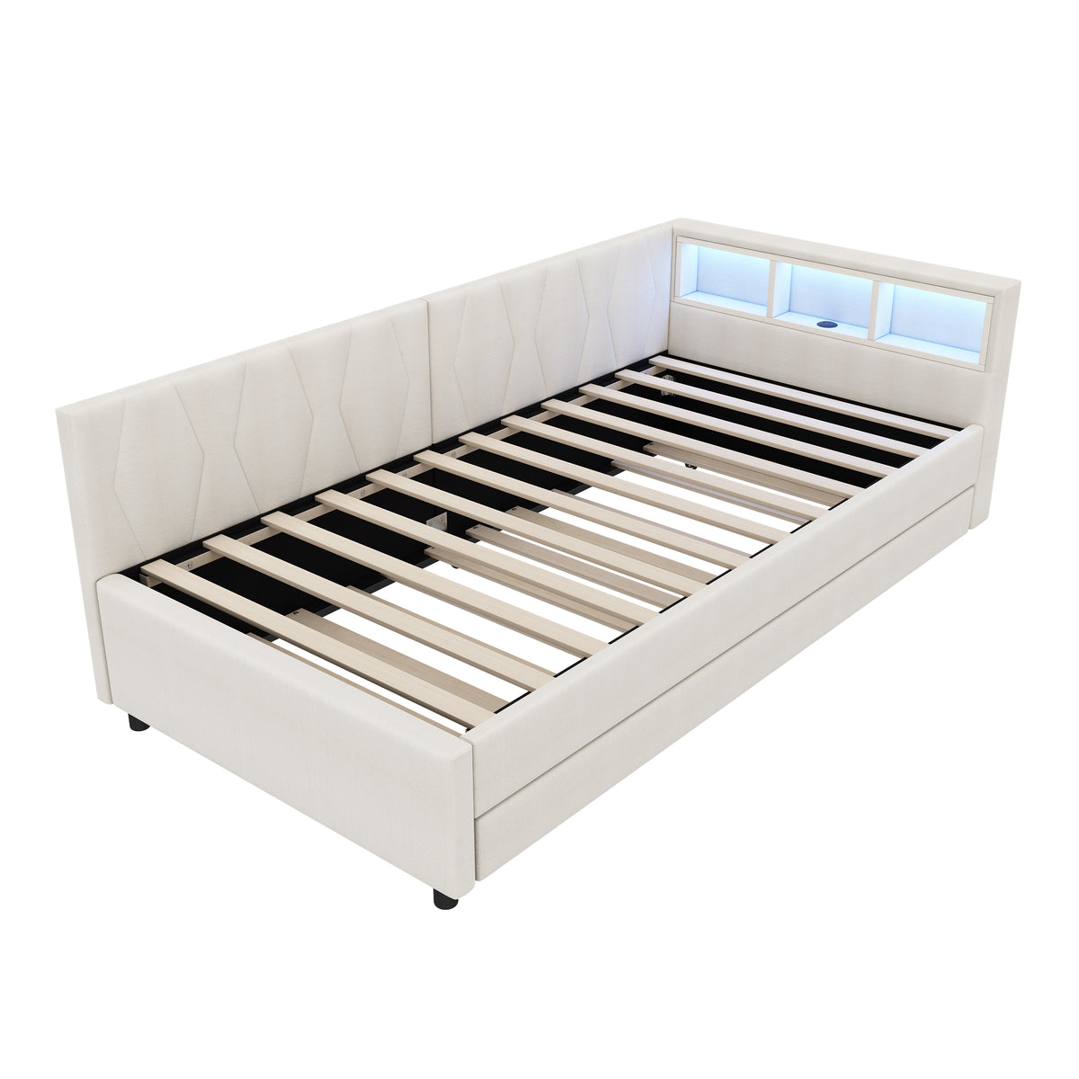 Daybed 90x200cm with Trundle, Storage & LED, Beige Linen
