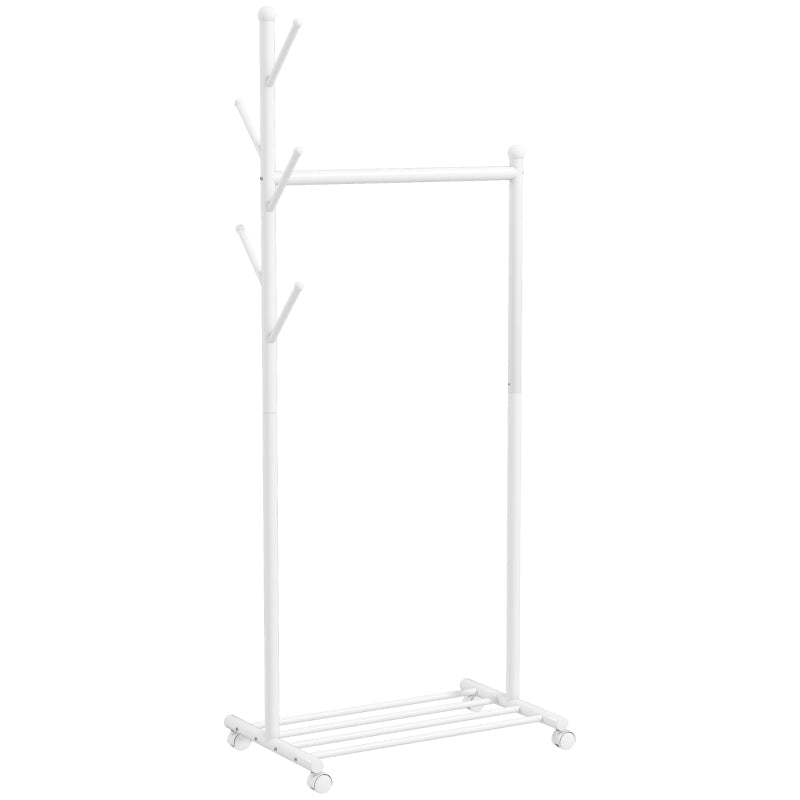 Clothes Rack, Mobile Wardrobe Rail 5 Hooks Shoe Rack, White
