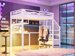 Metal Loft Bed 90x200cm with Light Strip Charging Socket Storage Ladder Wardrobe Desk White