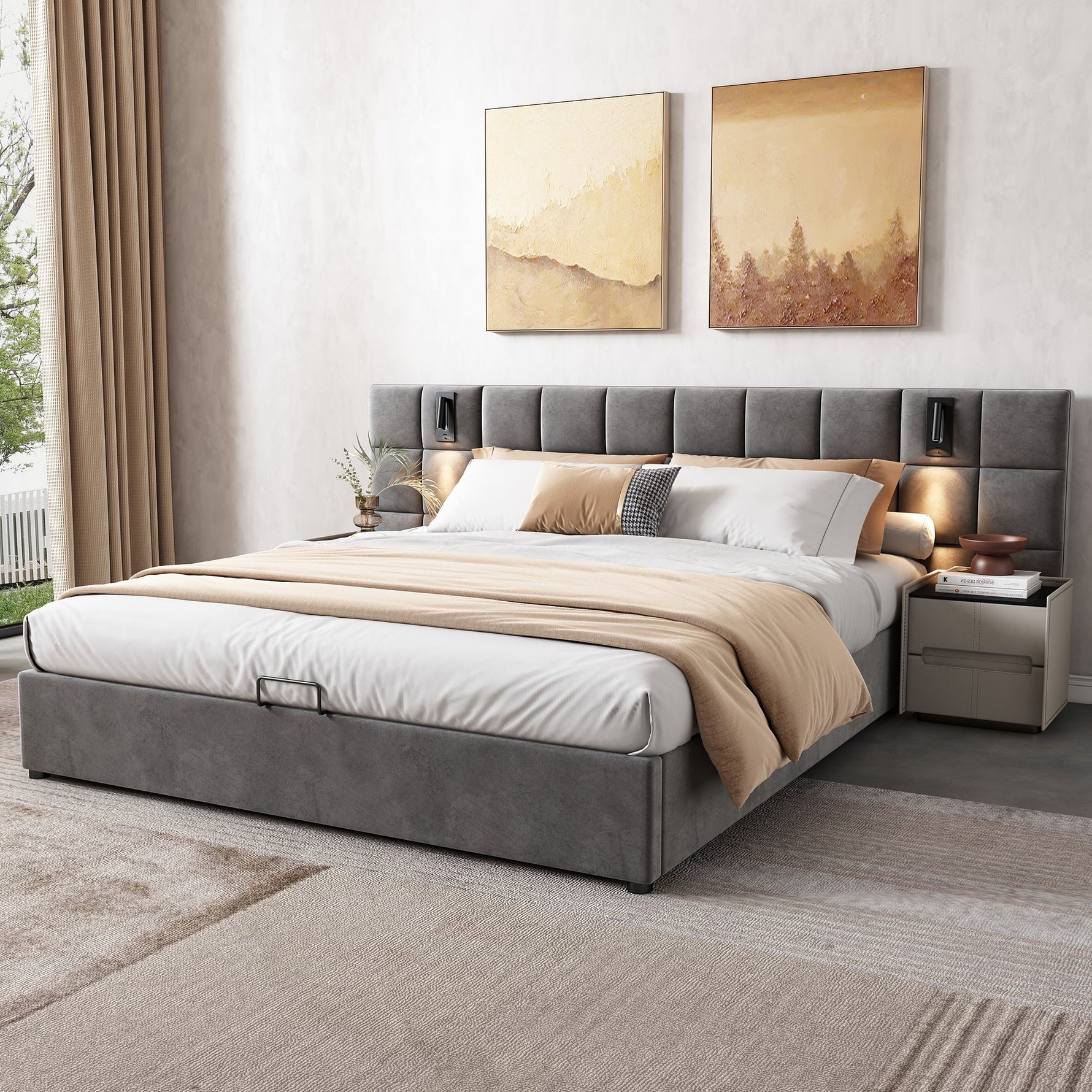 Upholstered Bed 160x200cm Hydraulic Storage Lamp USB - Velvet Grey