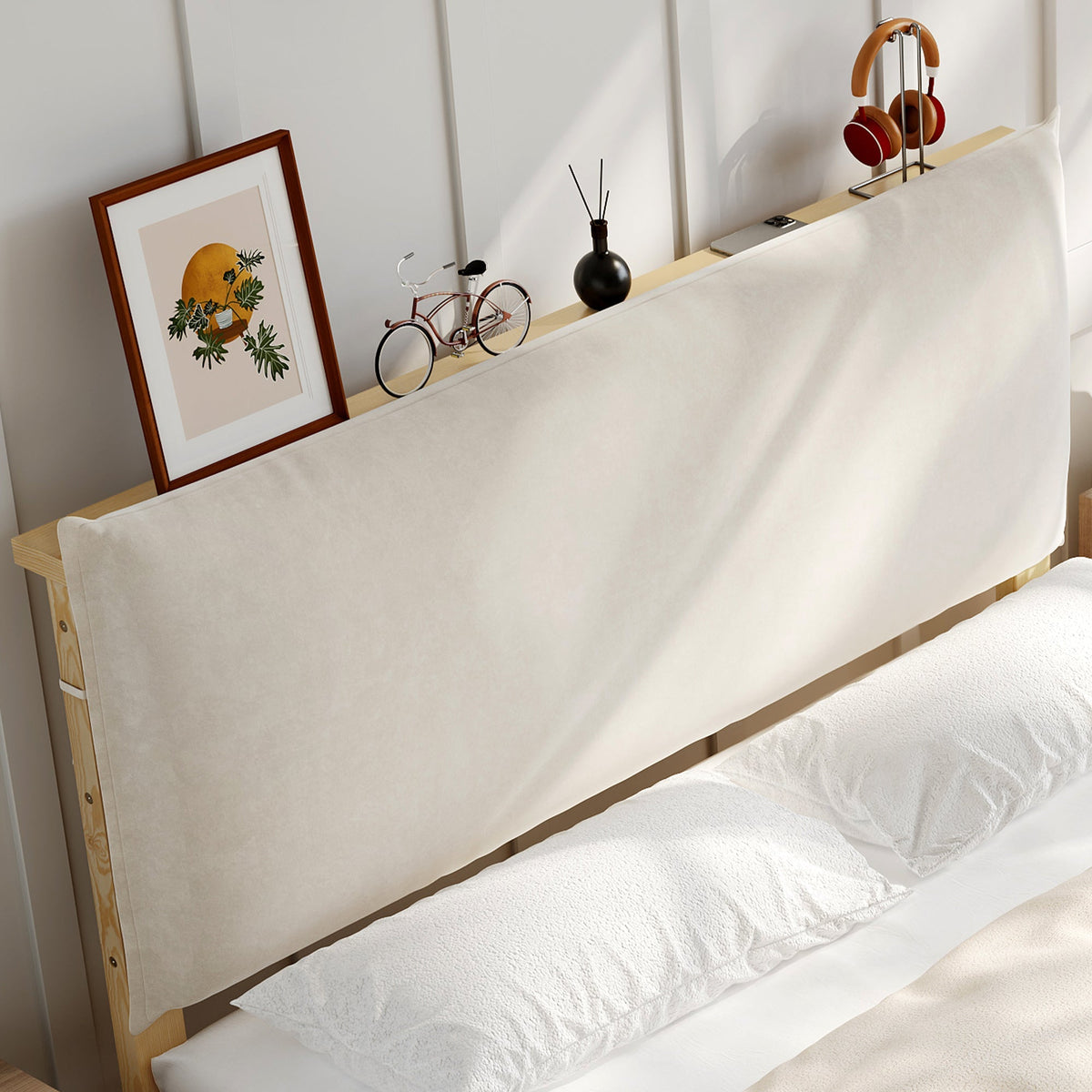 Upholstered Bed with Padded Headboard and Sturdy Slatted Base, 140x200cm, Natural Pine