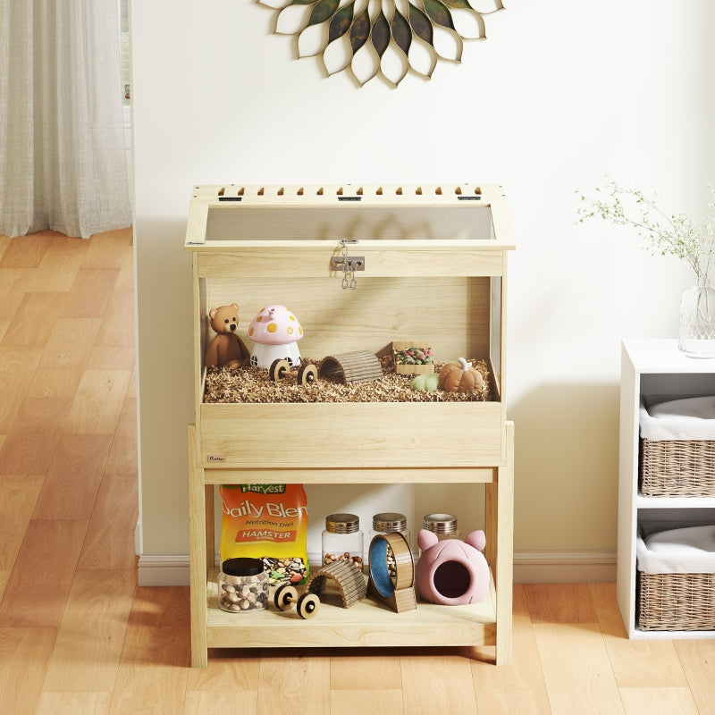 Hamster Cage 2 Tier Rodent Cage, Folding Lid, Natural Wood