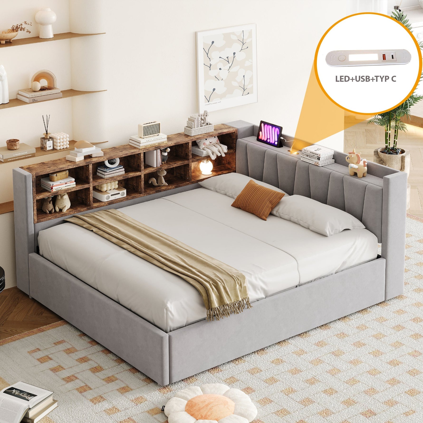 Upholstered Bed/Sofa Bed with Hydraulic Storage, USB Charging and Night Light, 140x200cm, Light Grey Velvet Fabric
