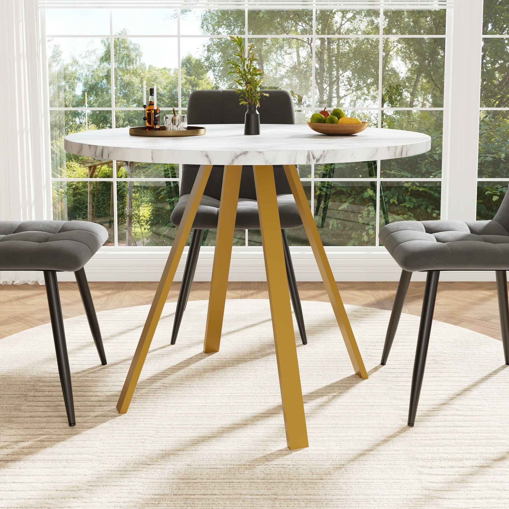 Round Dining Table 80x80x75cm 4-Seater Metal Legs - White Marble/Gold