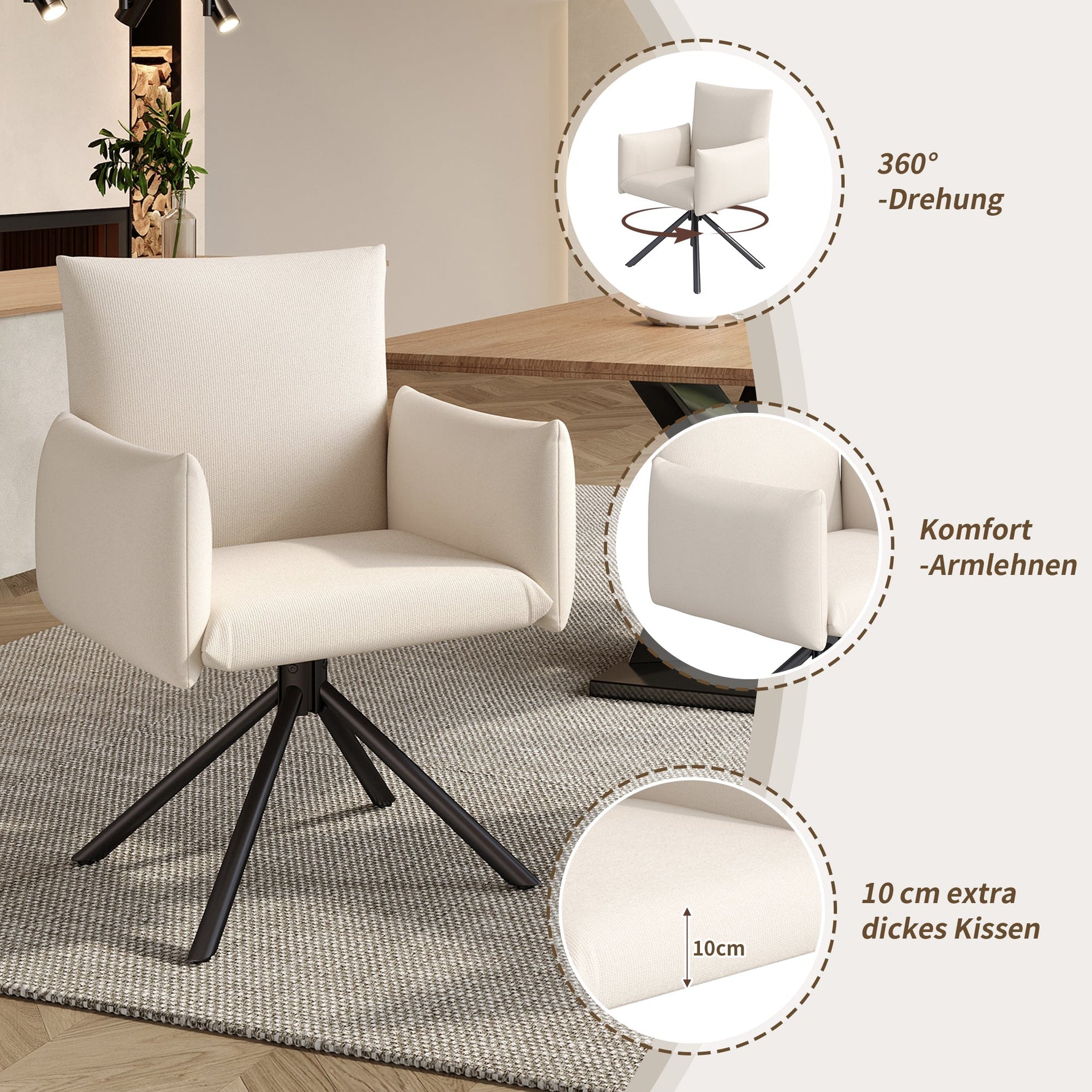 Dining Chair Set of 2 Upholstered 360° Swivel Lumbar Support - Linen Beige