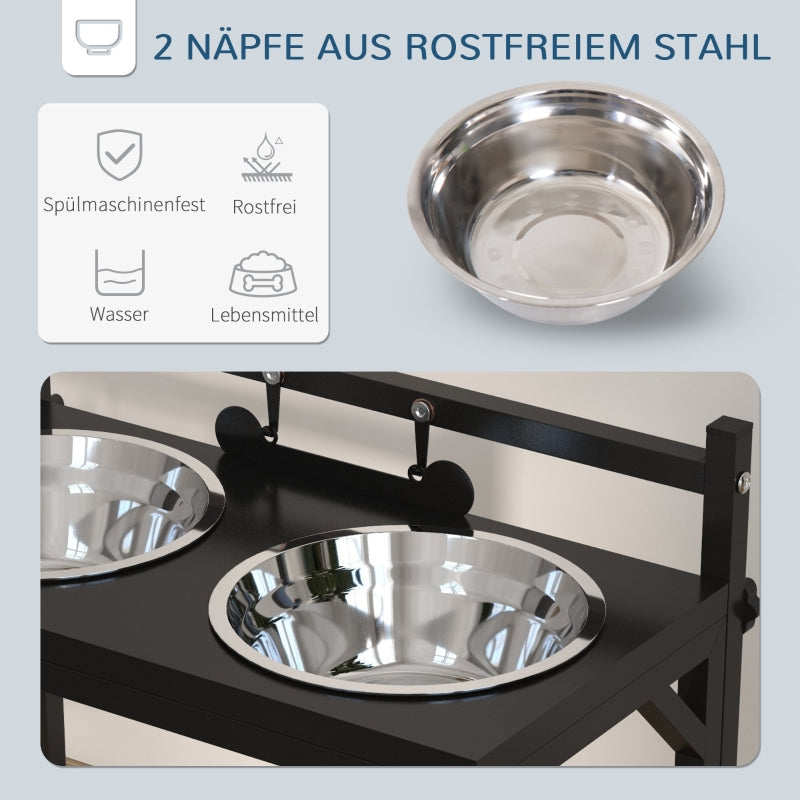Feeding Station, Raised Bowls, Stainless Steel, Black + Silver