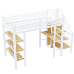 Loft Bed with LED Light Strip, Desk and Storage Shelves, White Metal