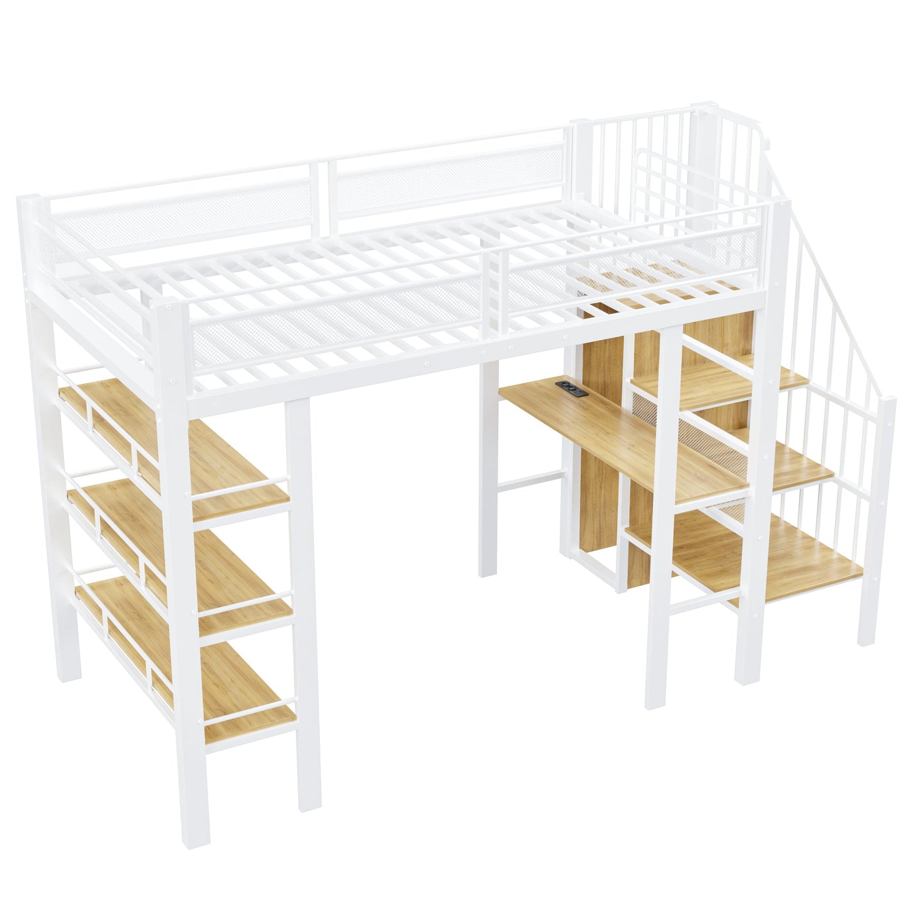 Loft Bed with LED Light Strip, Desk and Storage Shelves, White Metal