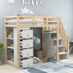 Loft Bed, 90 x 200 cm with Storage & Ladder, Solid Wood