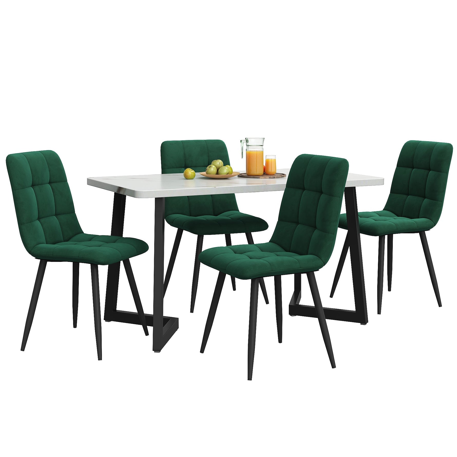 5-Piece Dining Set 117cm Rectangular Kitchen Table & 4 Dark Green Velvet Chairs Black Legs