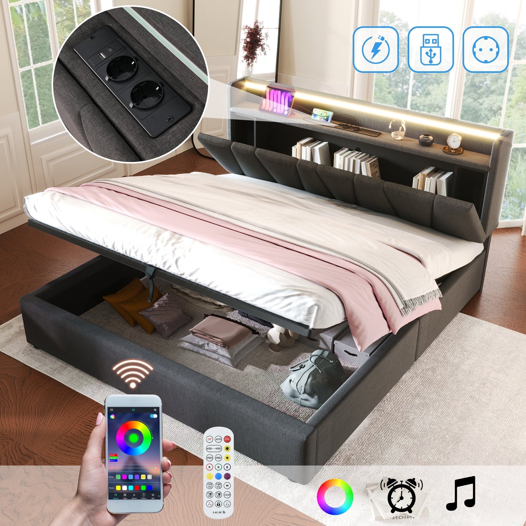 Upholstered Double Bed with USB, Storage Headboard and LED, 140x190cm, Grey Wood
