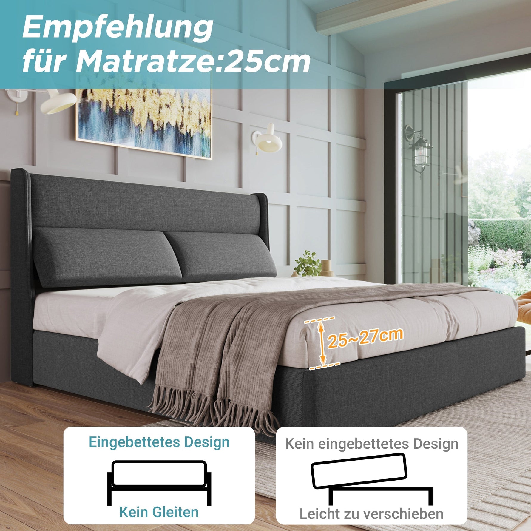 Upholstered Double Bed 180x200cm Hydraulic Storage Adjustable Headrest Linen Grey