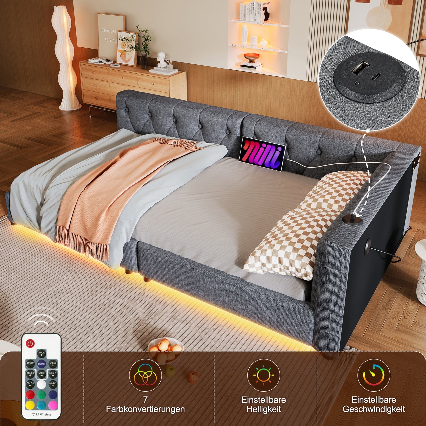 Sofa Bed Daybed 90x200cm Button Tufting Ambient LED USB-C Beige Linen