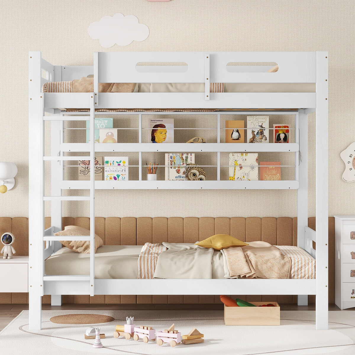 Bunk Bed, Children's with Safety Gate, Open Shelf, 5-Step Ladder, Pine + MDF White, 90x200cm