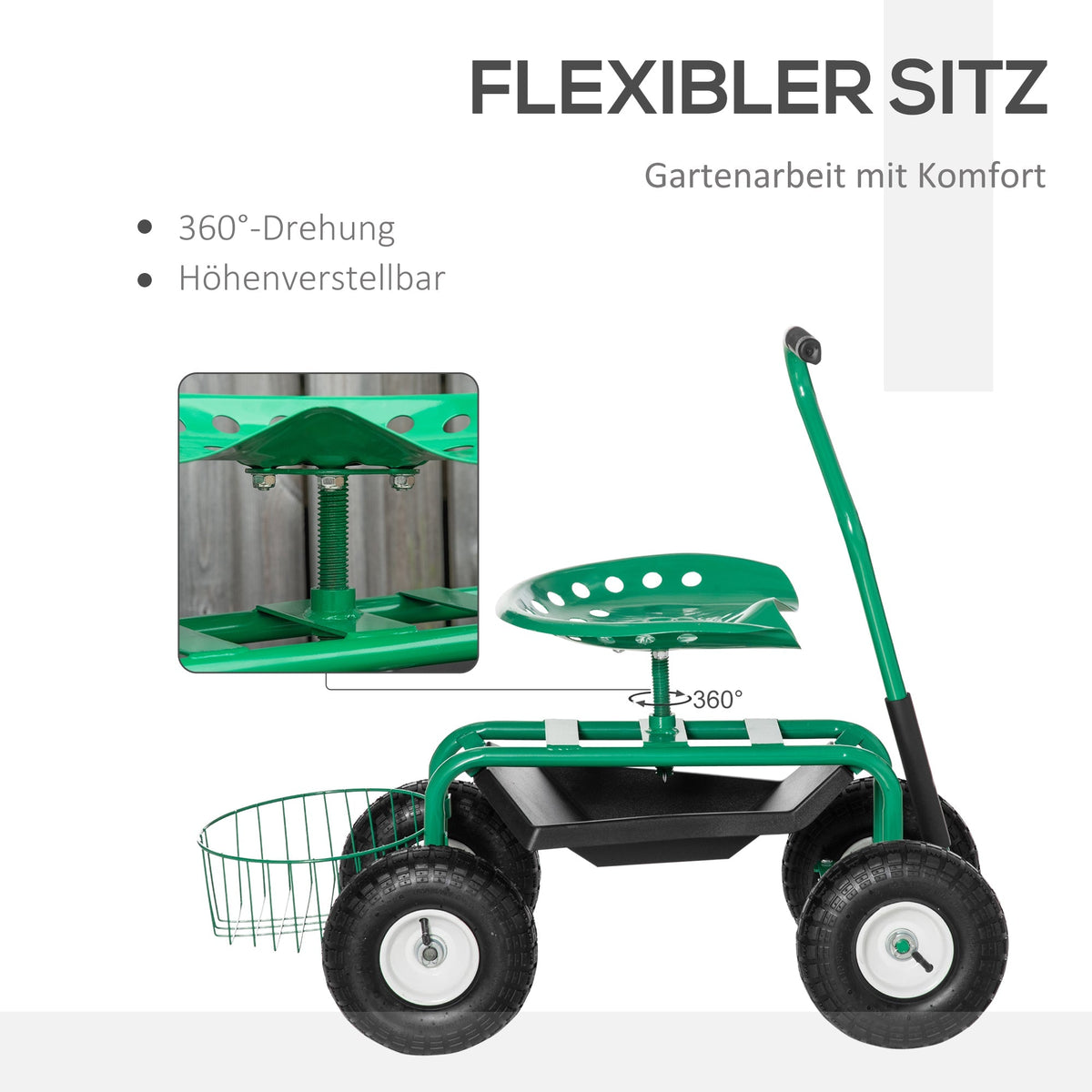 Garden/Workshop Trolley Seat Swivel Adjustable Height Storage Basket 150kg Capacity, Green