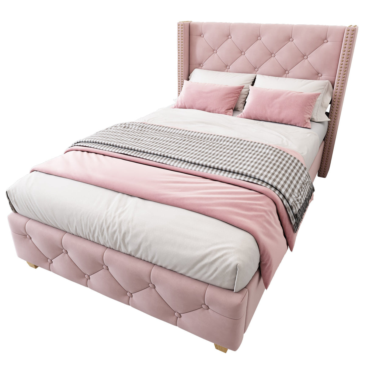 Upholstered Bed 90x200cm Headboard Button Studded Slatted Frame - Velvet Pink