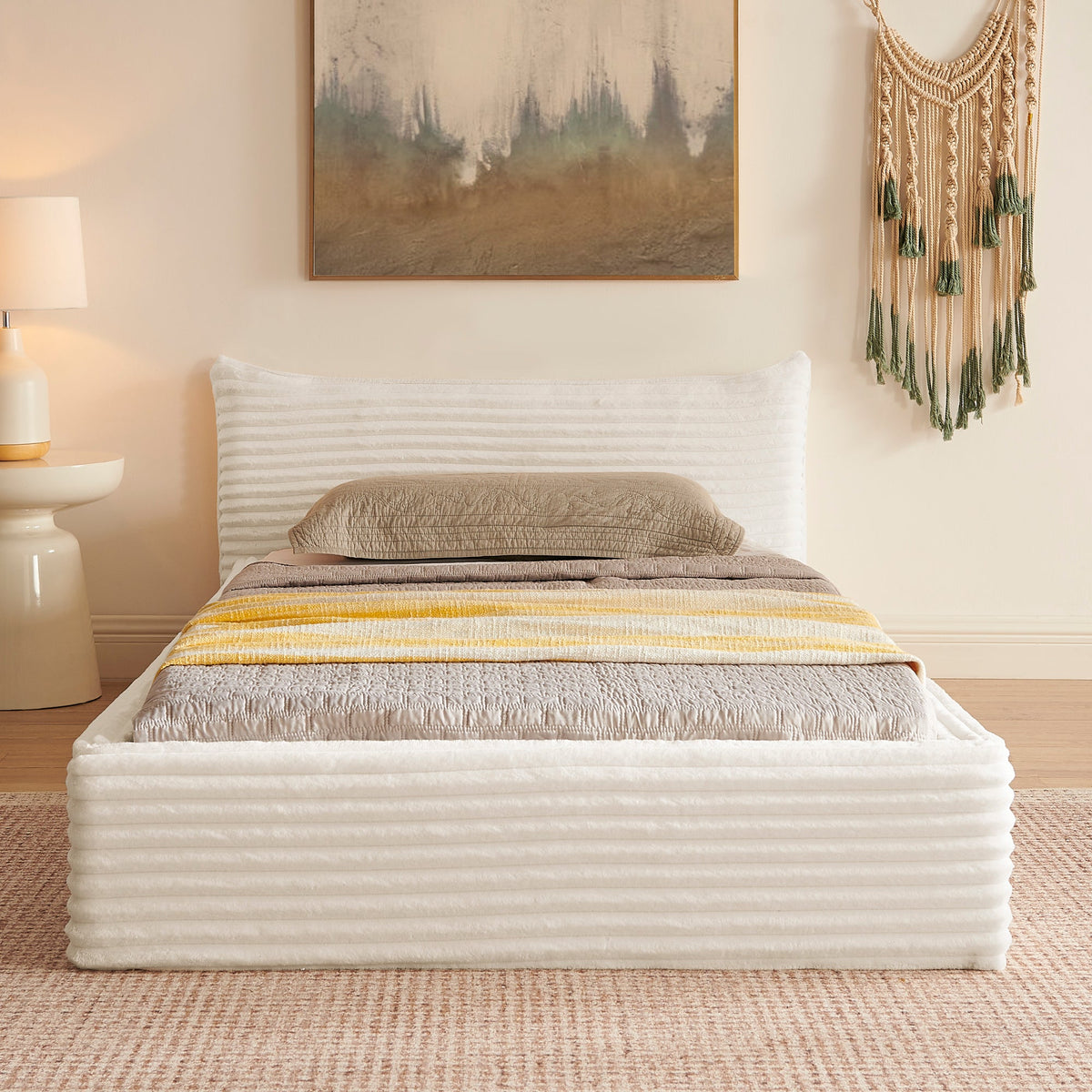 Single Bed 90x200cm, Eucalyptus Wood Frame, Corduroy Cover, Beige