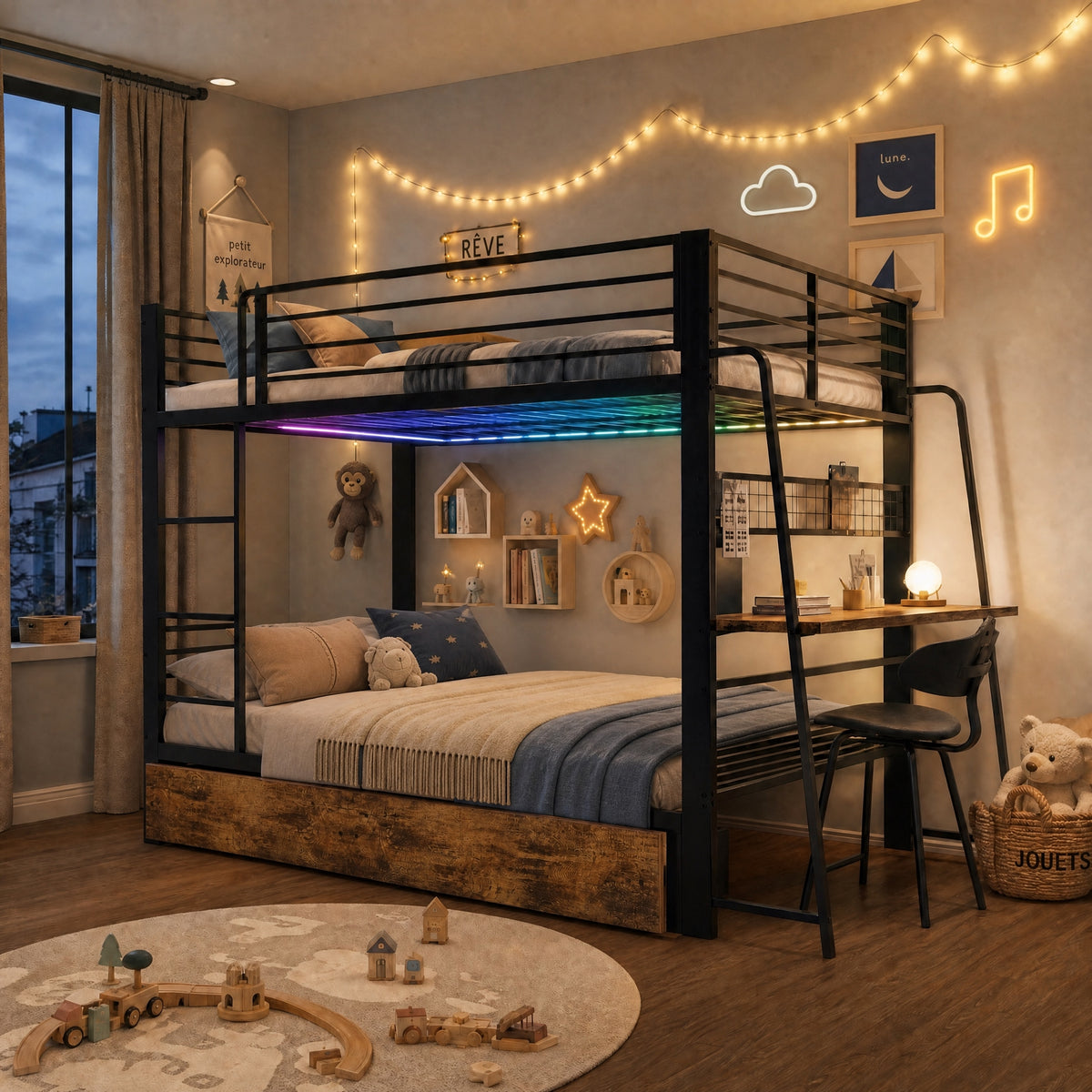 Kids House Loft Bed 90x200cm with Slide & LED, Pink Metal