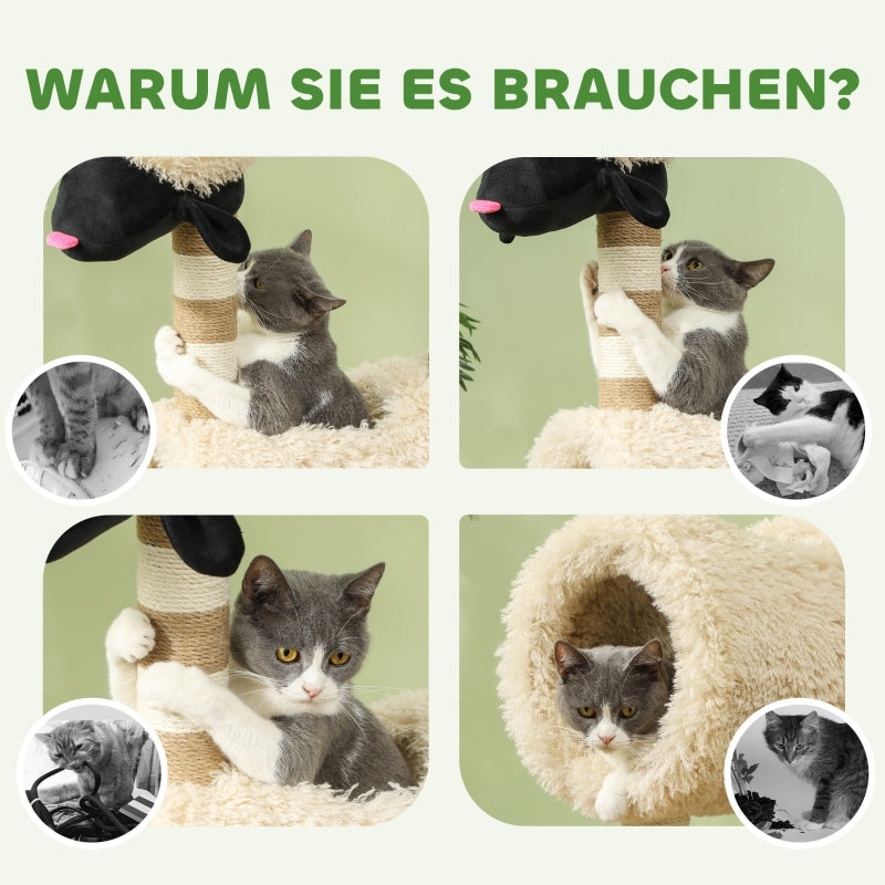 Cat Tree, Scratching Post Tunnel & Toys 98cm, Sheep Design Light Brown