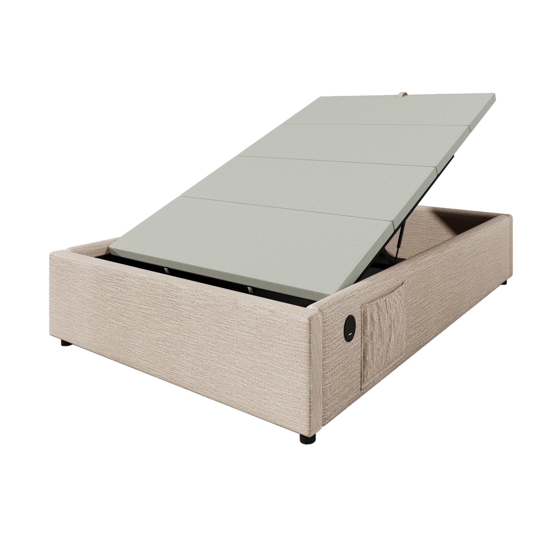 Children's Upholstered Bed 90x200cm, Bookshelf Hydraulic Storage USB-C, Linen Natural/White