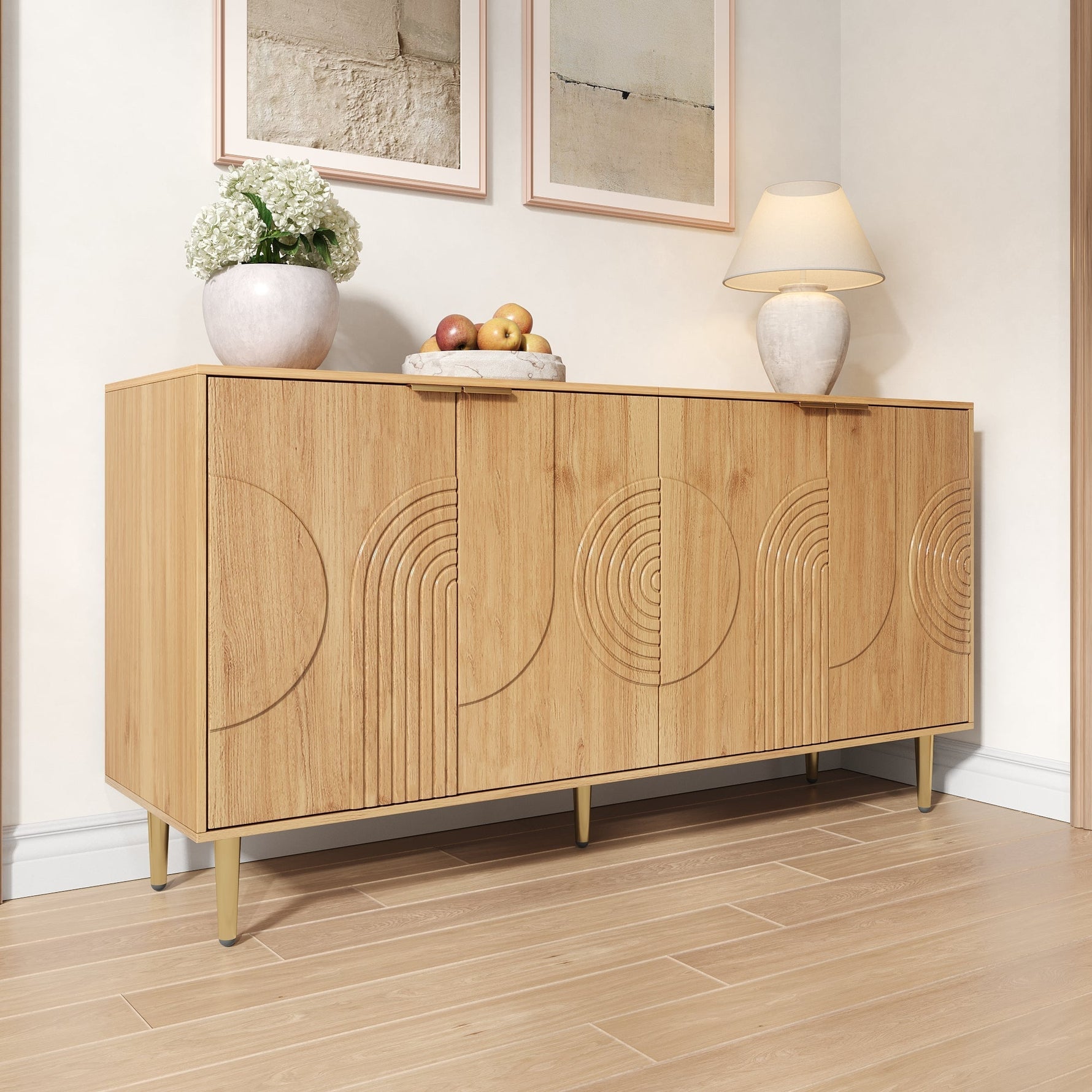 Modern Sideboard with 4 Doors and Adjustable Shelves, Natural Wood Look