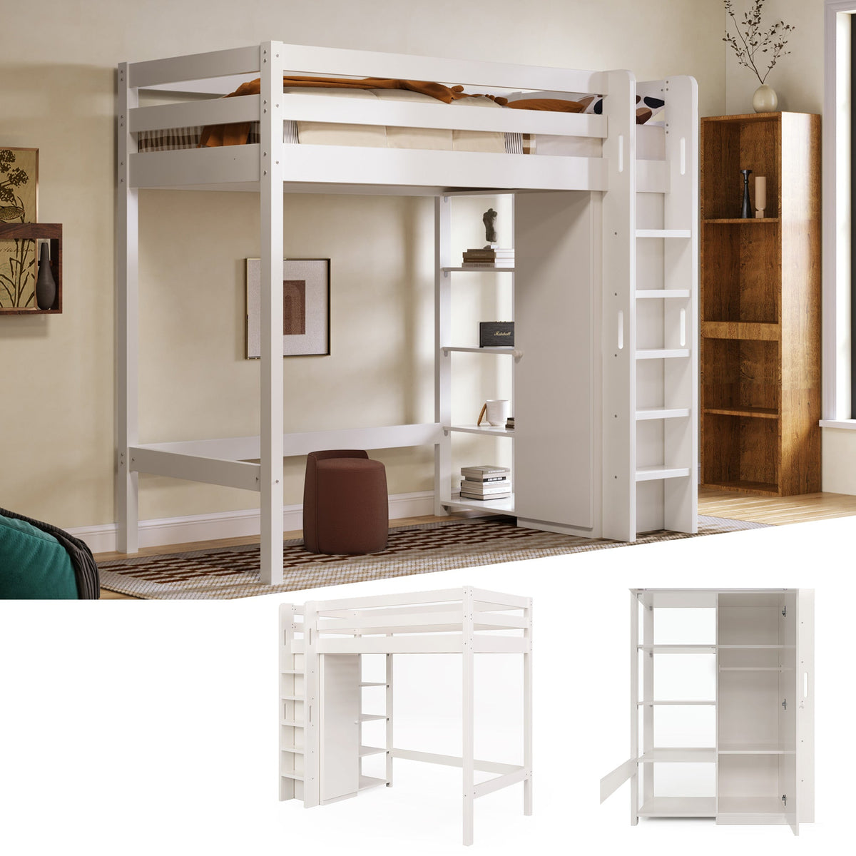 Children's Loft Bed, 90x200 cm Single with Wardrobe & 6 Shelves, White
