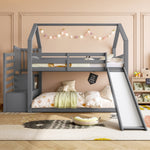 Bunk Bed House Bed 90x200cm Storage Stairs Slide Railing, Grey