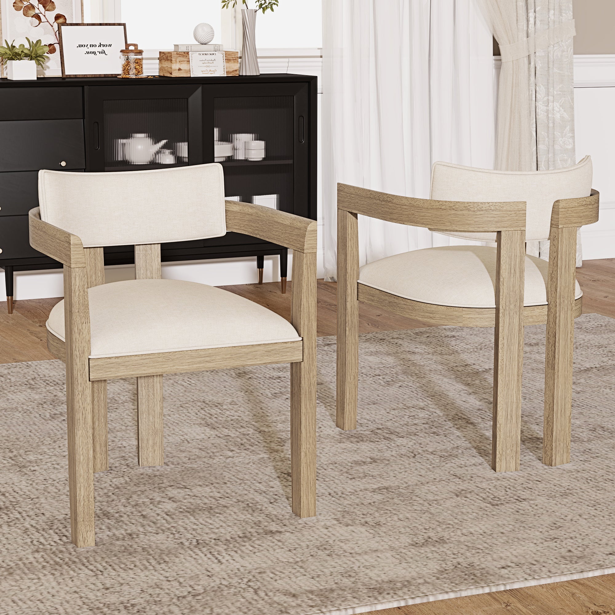 2 Solid Wood Dining Chairs Comfortable Modern Style Linen Fabric Natural Color