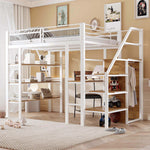Loft Bed, 140x200cm with Storage Shelf, Desk, Wardrobe, Safety Steps, Iron, White